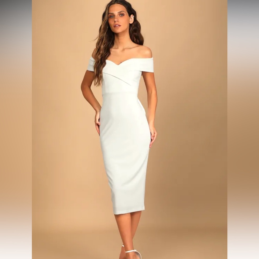 Lulus Cordially Invited Midi Length Bow Back Off The Shoulder Dress NWT